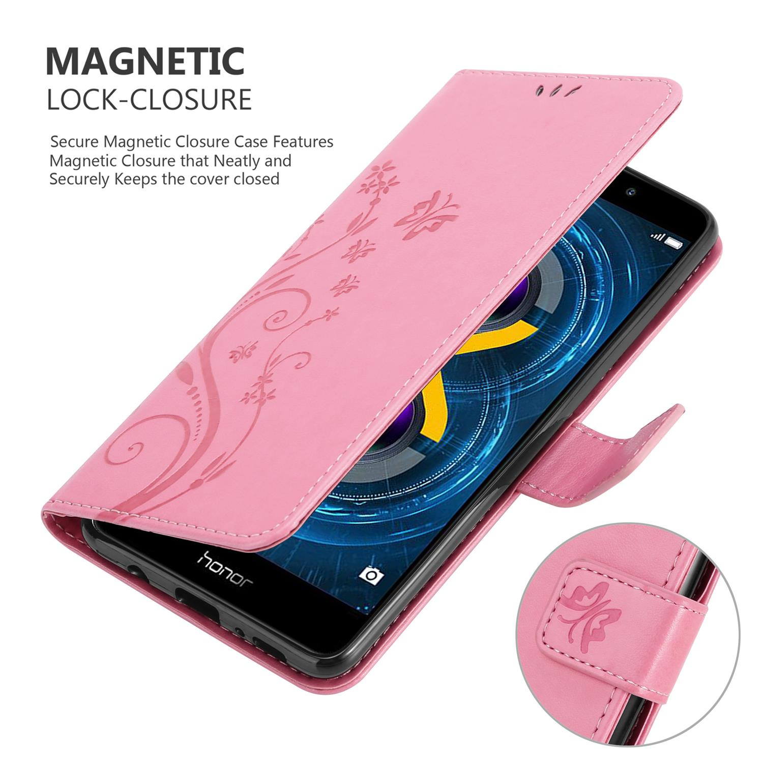 Custodia rosa per telefono con design floreale. Telefono nella custodia. Testo: 'CHIUSURA MAGNETICA'. Visibile una piccola chiusura.
