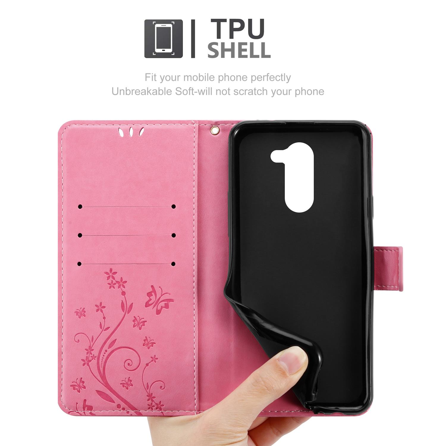Custodia rosa aperta con telefono nero. Testo 'TPU SHELL'.
