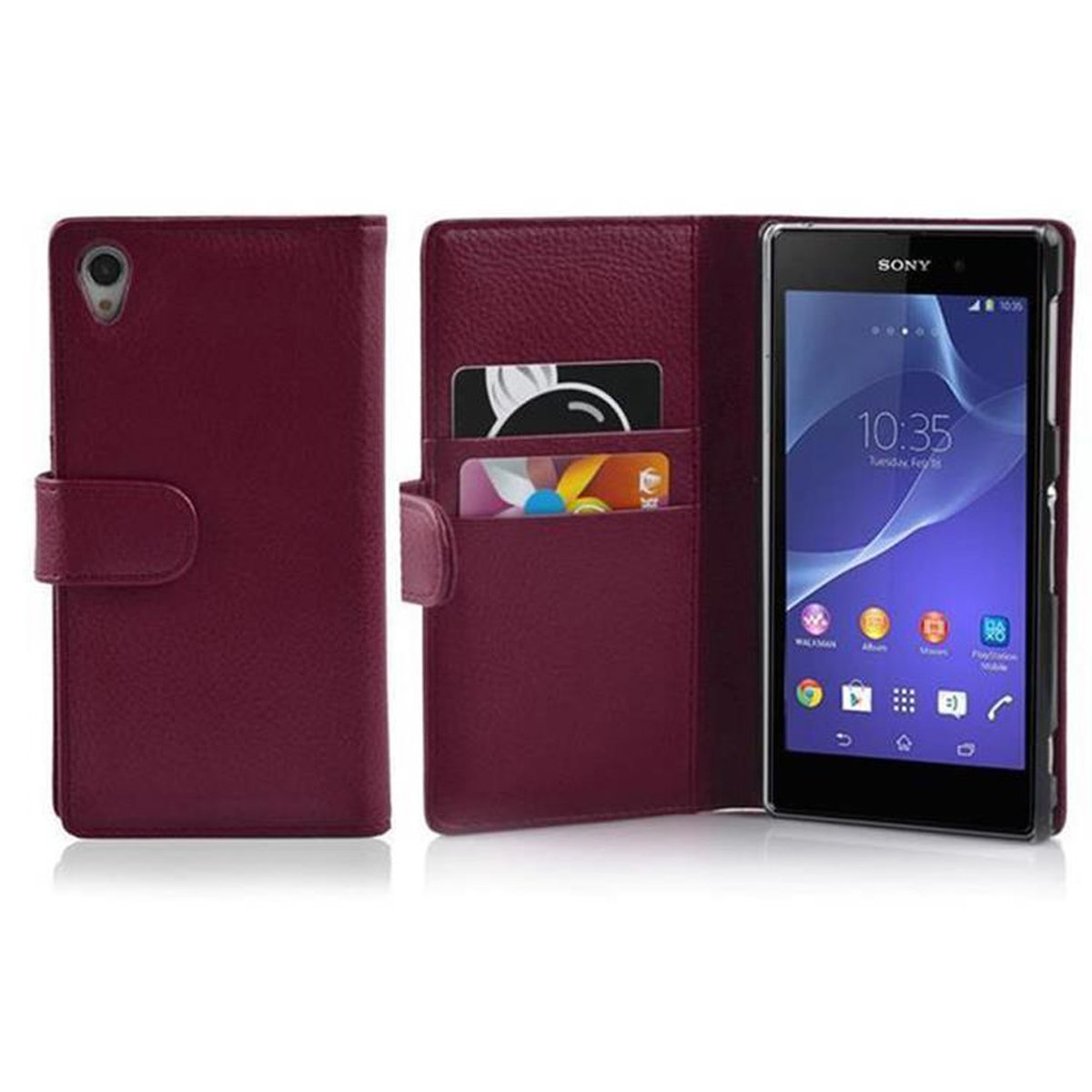 Funda roja con teléfono y ranuras para tarjetas. El teléfono muestra la hora.