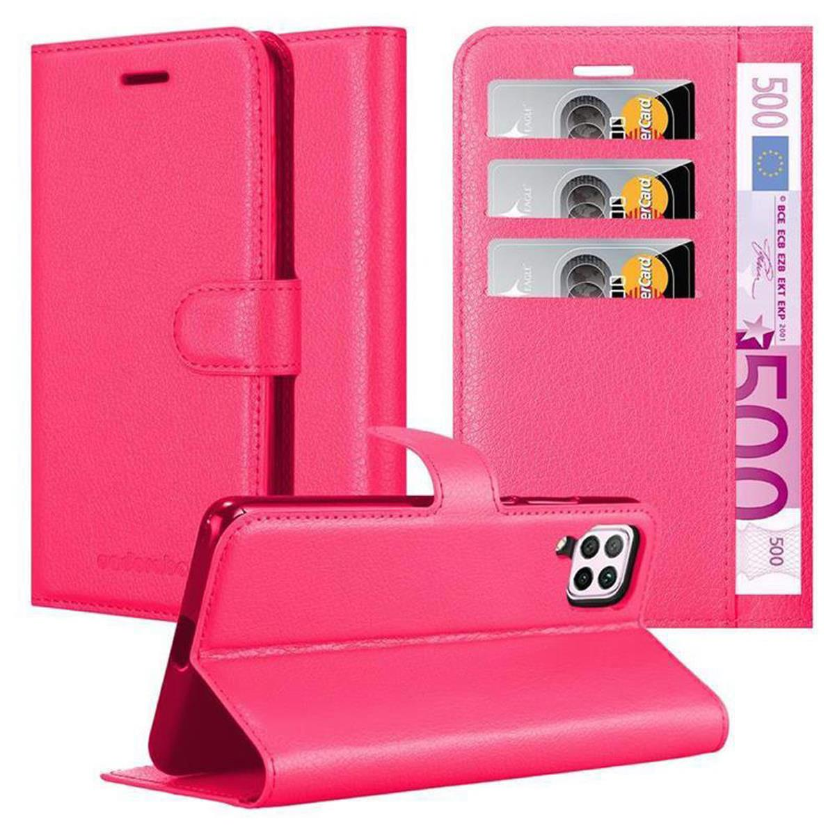 Custodia rosa per telefono con design a portafoglio. Mostra telefono, slot per schede e banconote in euro.