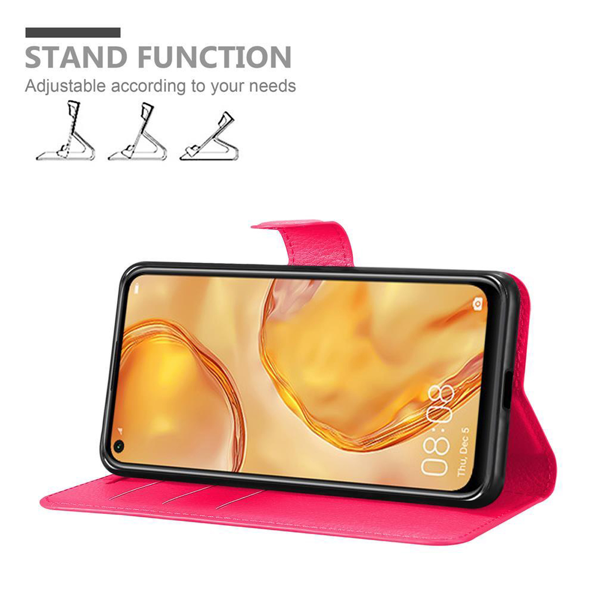 Custodia per telefono rosa, aperta, con telefono all'interno. Il telefono è in modalità supporto. L'ora è visualizzata.