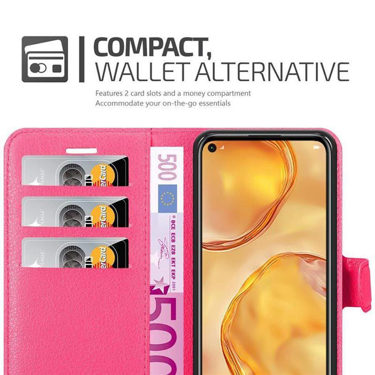 Portafoglio per telefono rosa aperto, che mostra carte, denaro e telefono. Testo: Alternativa portafoglio compatto.