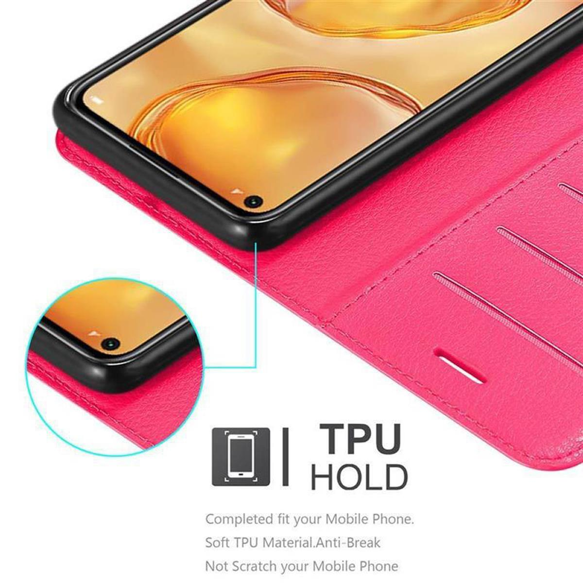 Custodia per telefono rosa, aperta. Il telefono è all'interno della custodia. I bordi del telefono sono visibili. Sfondo bianco.