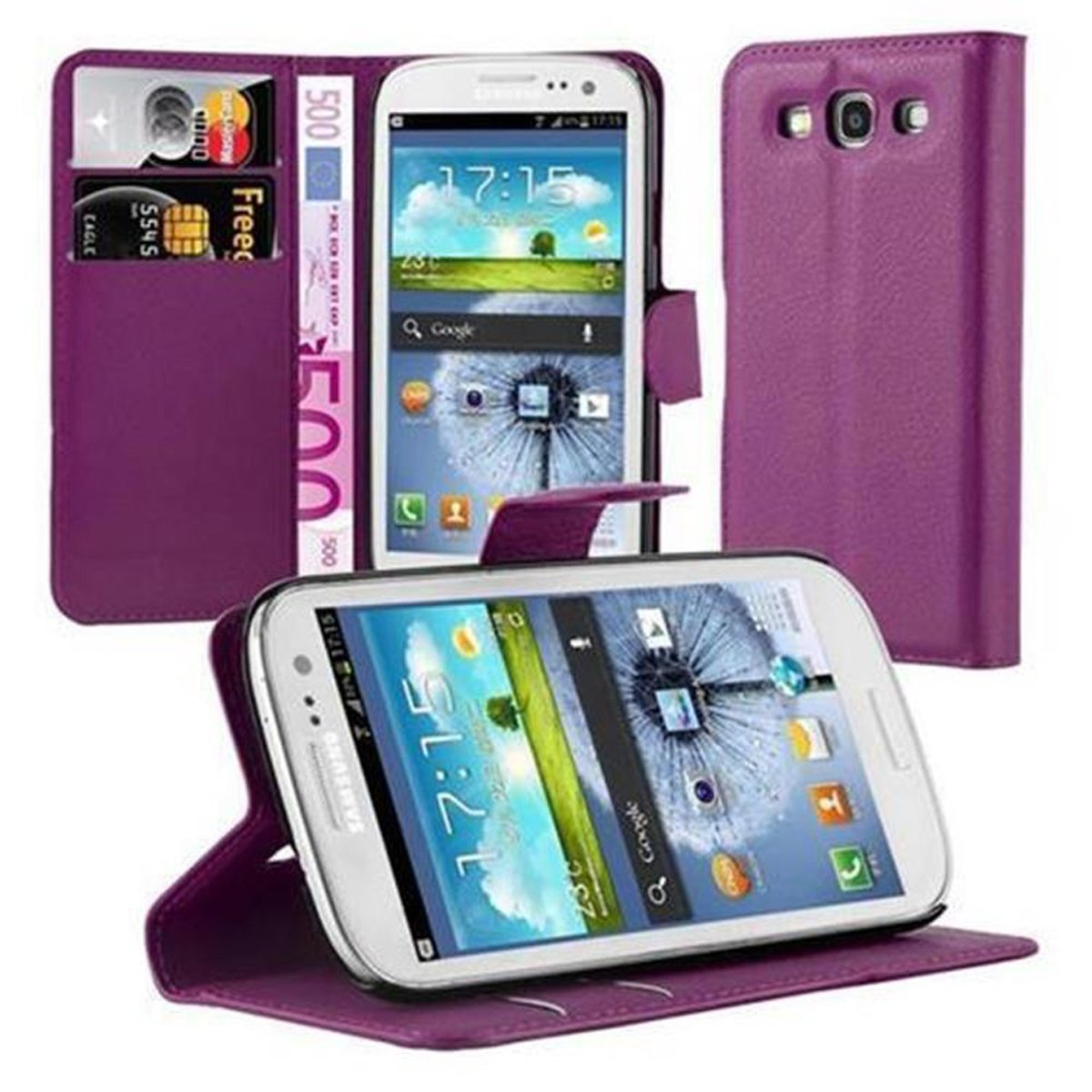 Eine lila Handyhülle mit einem Telefon darin und zwei weiteren Gehäuseteilen. Kreditkarten und Geld sind sichtbar.
