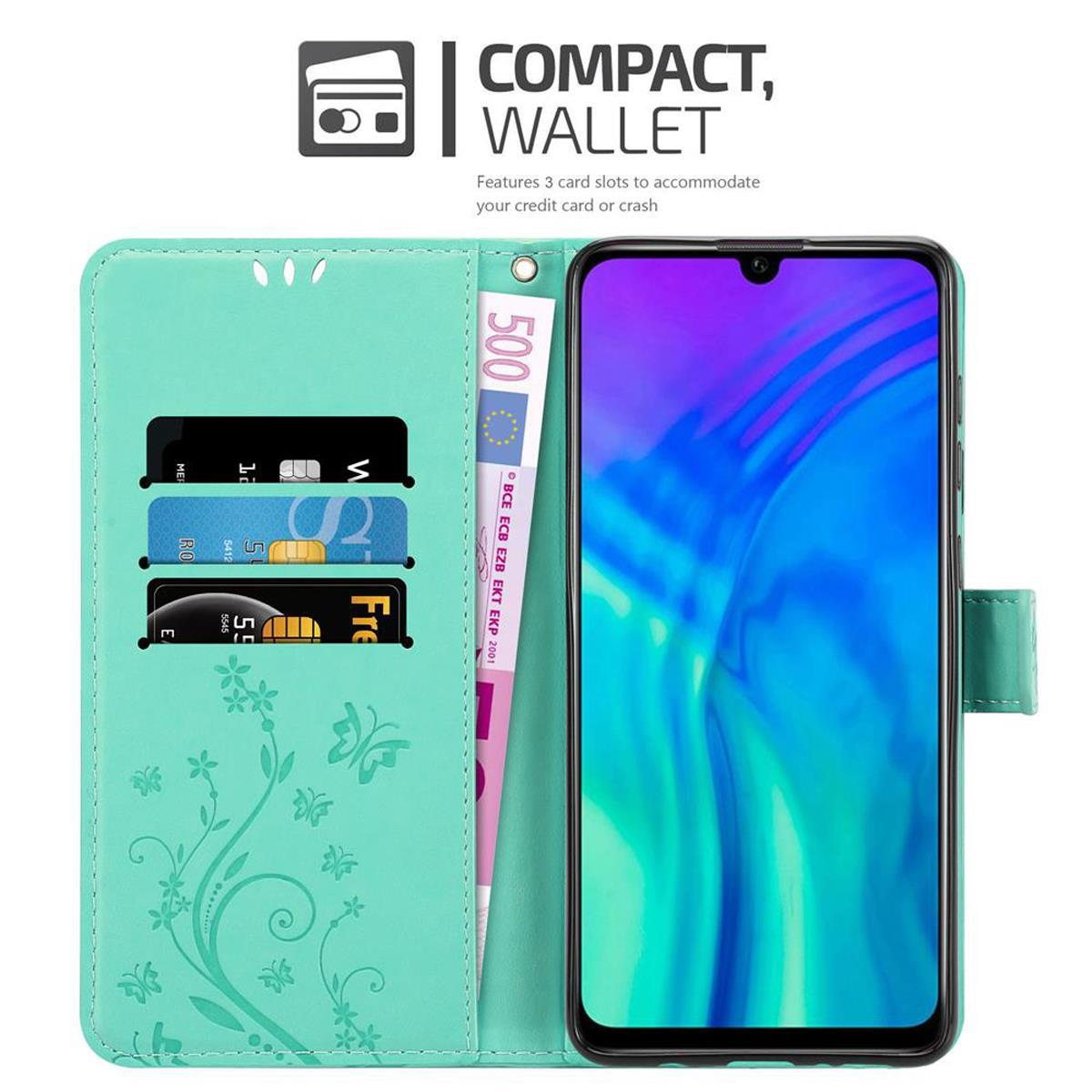 Portafoglio per telefono con carte e denaro. Schermo del telefono visibile. Testo: Compatto, Portafoglio.