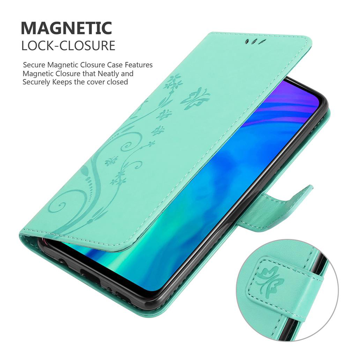 Custodia per telefono verde menta, aperta, con telefono all'interno. La custodia ha disegni floreali. Chiusura magnetica visibile.