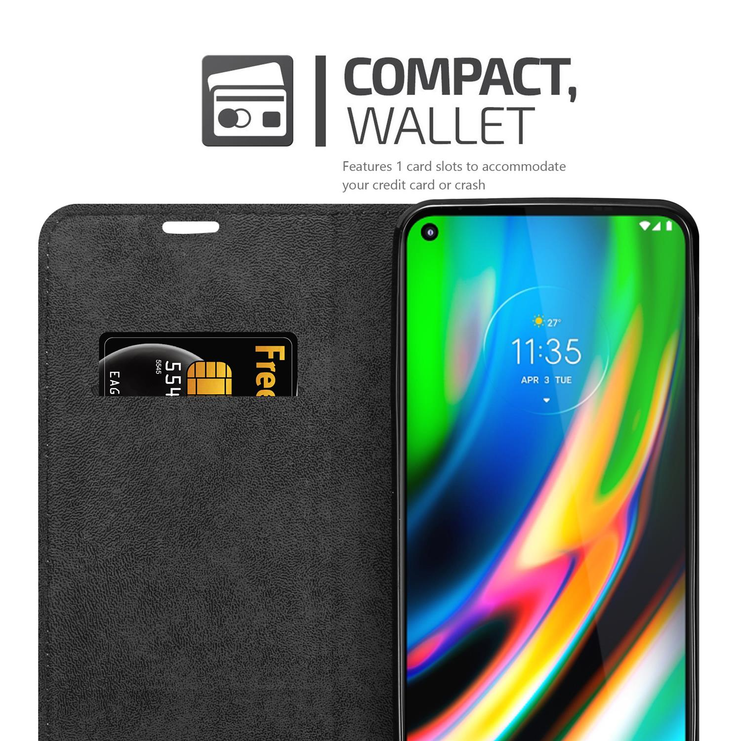 Telefono nero in una custodia a portafoglio nera aperta con una carta. Presenta un design a portafoglio compatto.
