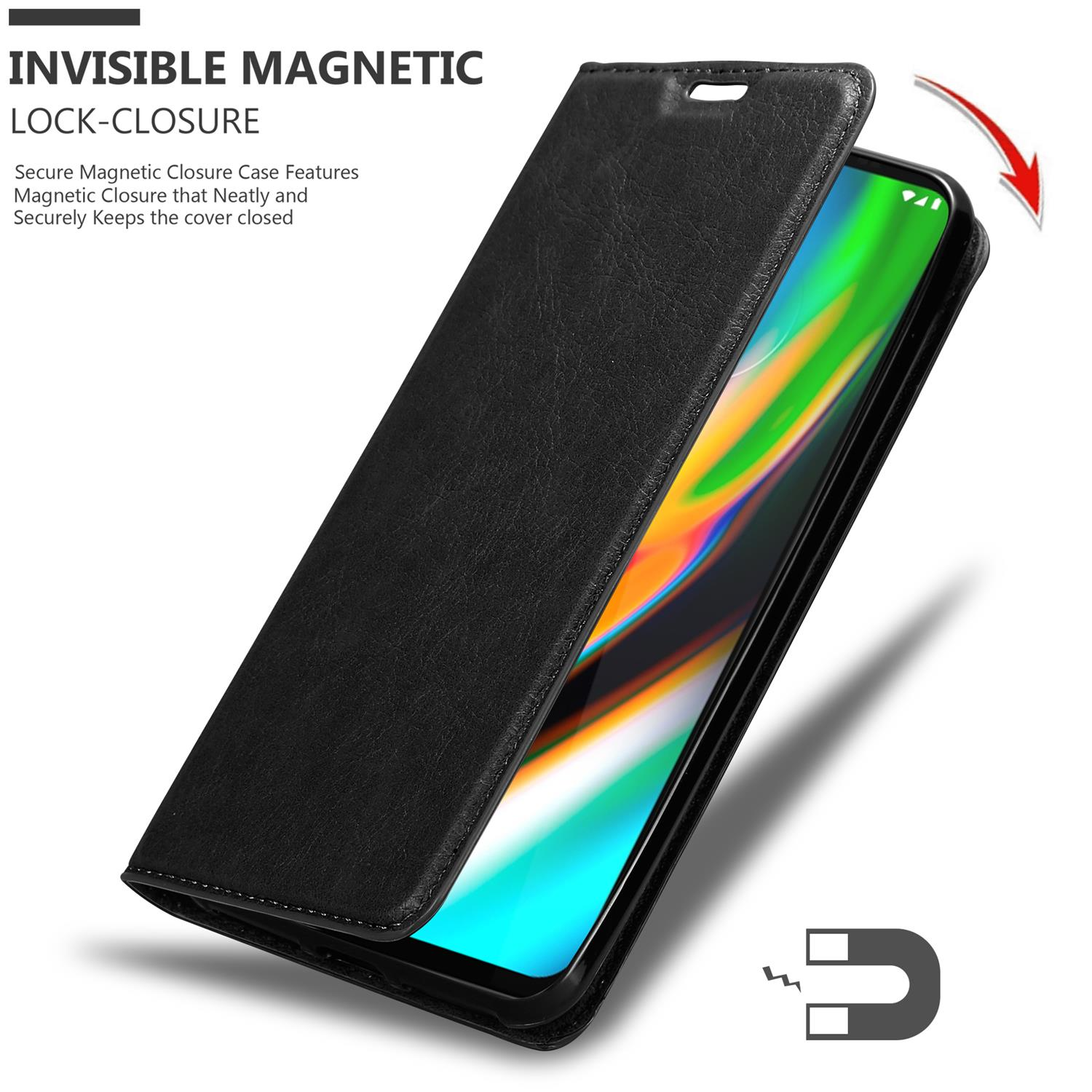 Una custodia per telefono nera aperta, che mostra il telefono all'interno, con chiusura magnetica, su sfondo nero.