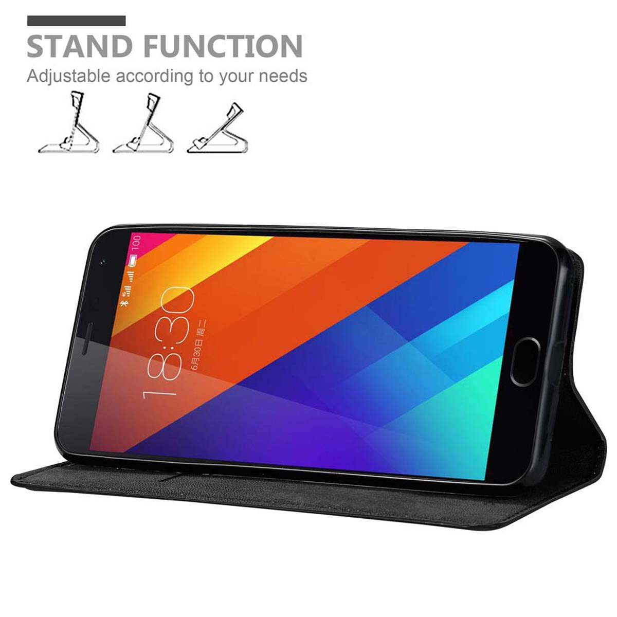 Telefono in custodia, schermo mostra un design colorato. Testo dice 'STAND FUNCTION' e diagrammi di supporti.