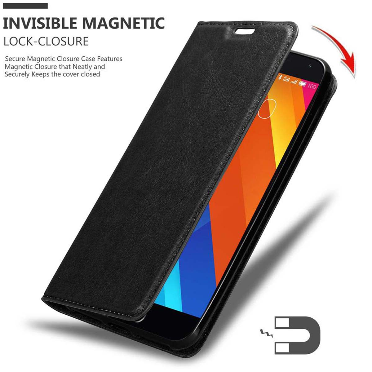 Custodia per telefono nera aperta con un telefono all'interno. Testo: Chiusura magnetica invisibile. Icona della calamita.