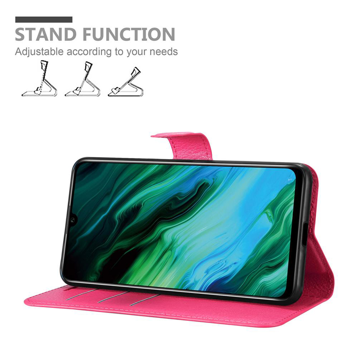 Custodia per telefono rosa con funzione stand, con telefono all'interno, tre posizioni, su sfondo bianco.