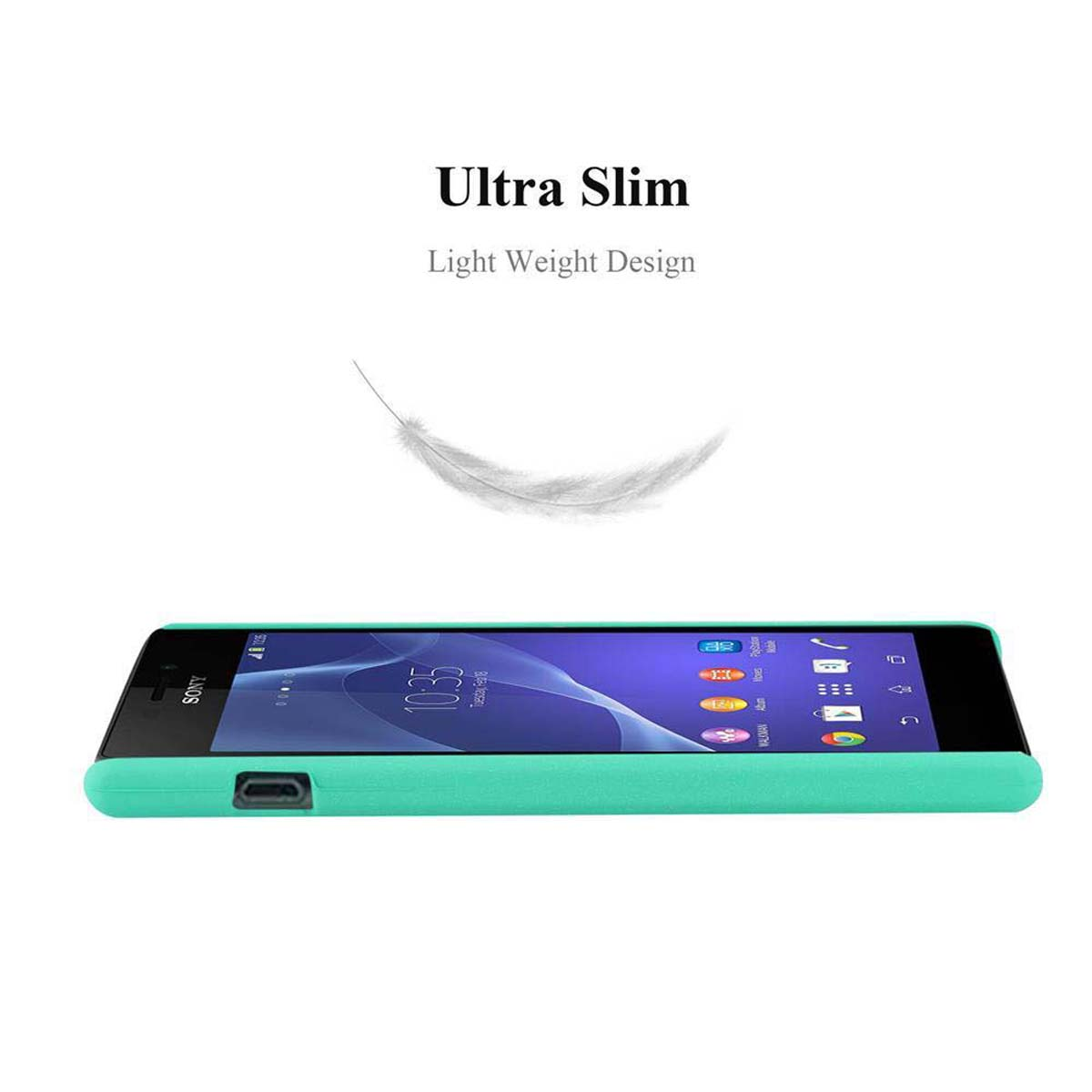 Türkis Telefon in einer türkisen Handyhülle. Eine Feder ist darüber.