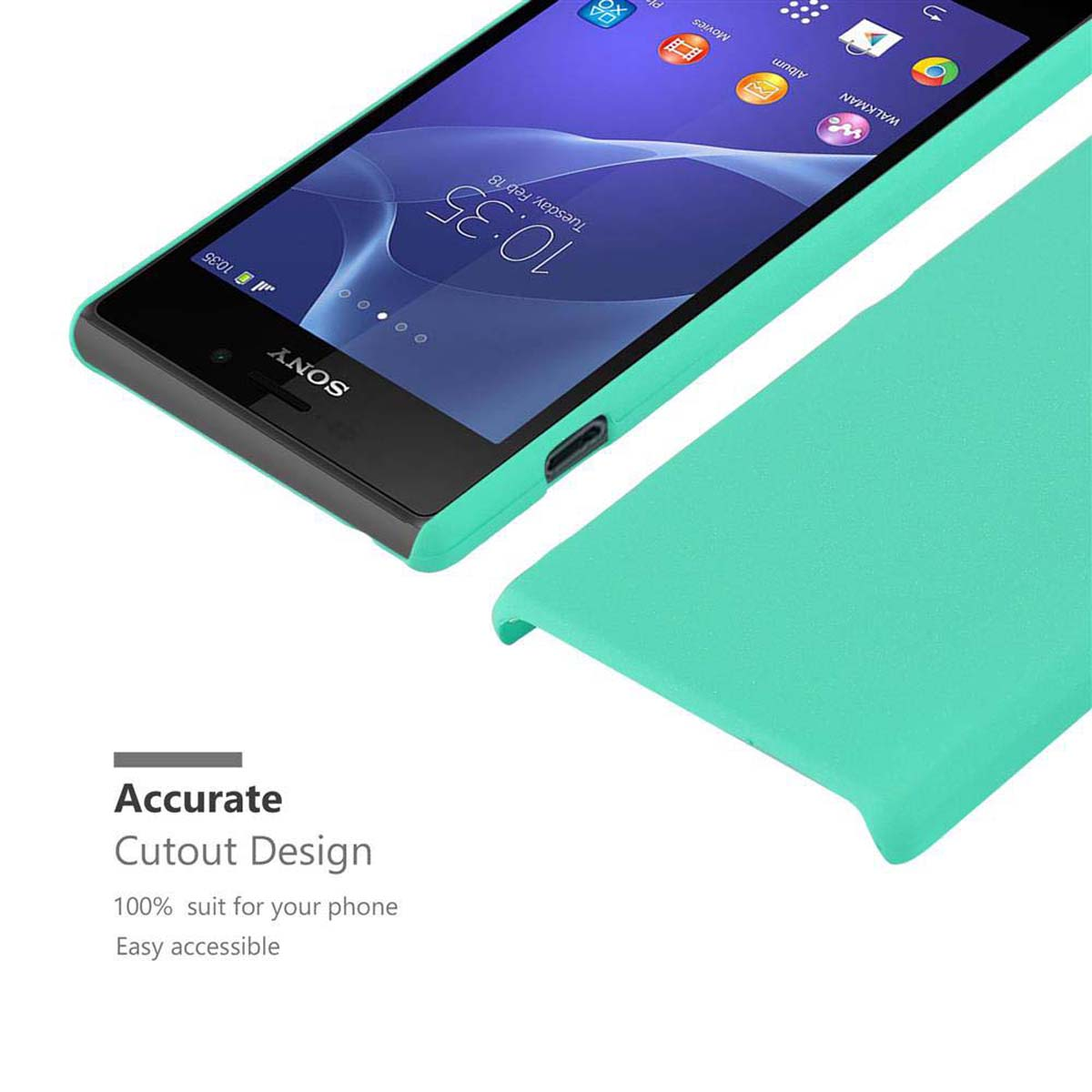 Telefon im Etui. Mintgrüne Handyhülle neben dem Telefon. Präzises Ausschnittdesign.