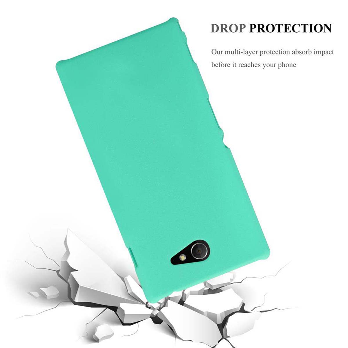 Eine türkisfarbene Telefonhülle ist abgewinkelt, mit einem Riss-Bodeneffekt. Der Text lautet "DROP PROTECTION".