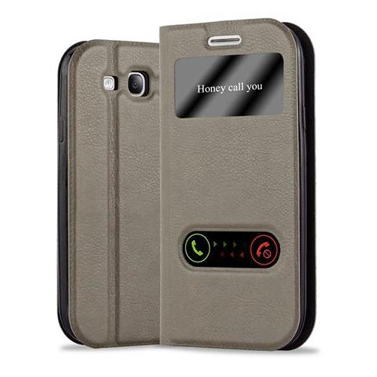 Funda de teléfono gris abierta. El teléfono muestra una notificación. La funda es texturizada.