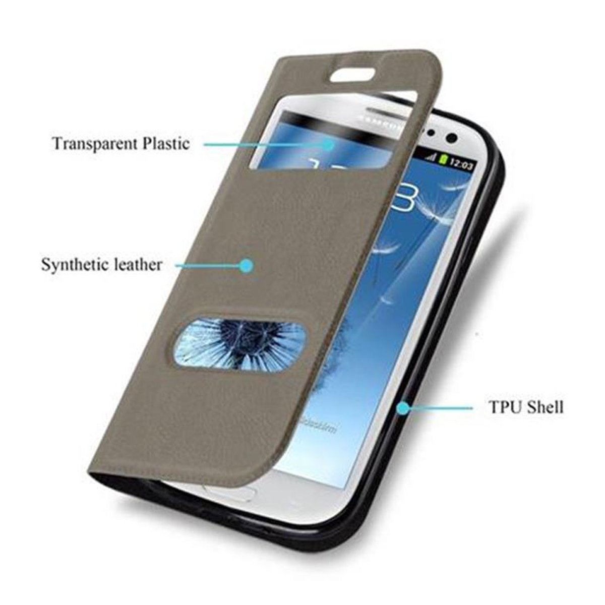 Funda de teléfono con teléfono dentro. La funda es de cuero sintético marrón y plástico transparente.