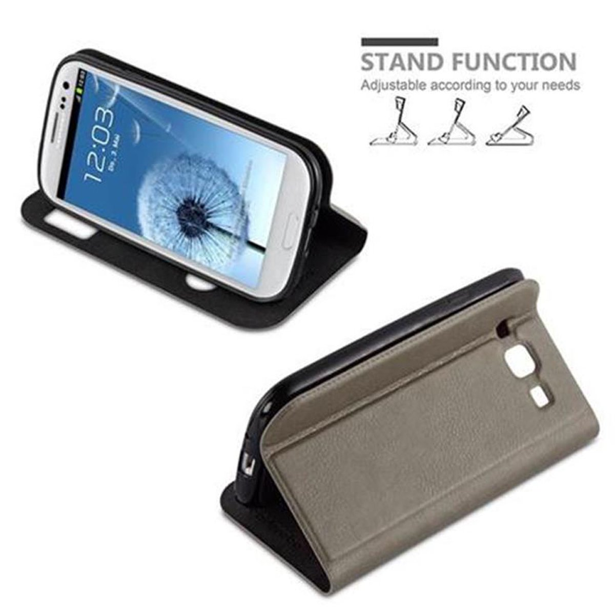 Dos teléfonos en una funda. Uno está de pie, el otro está acostado en la funda. La cubierta está abierta.