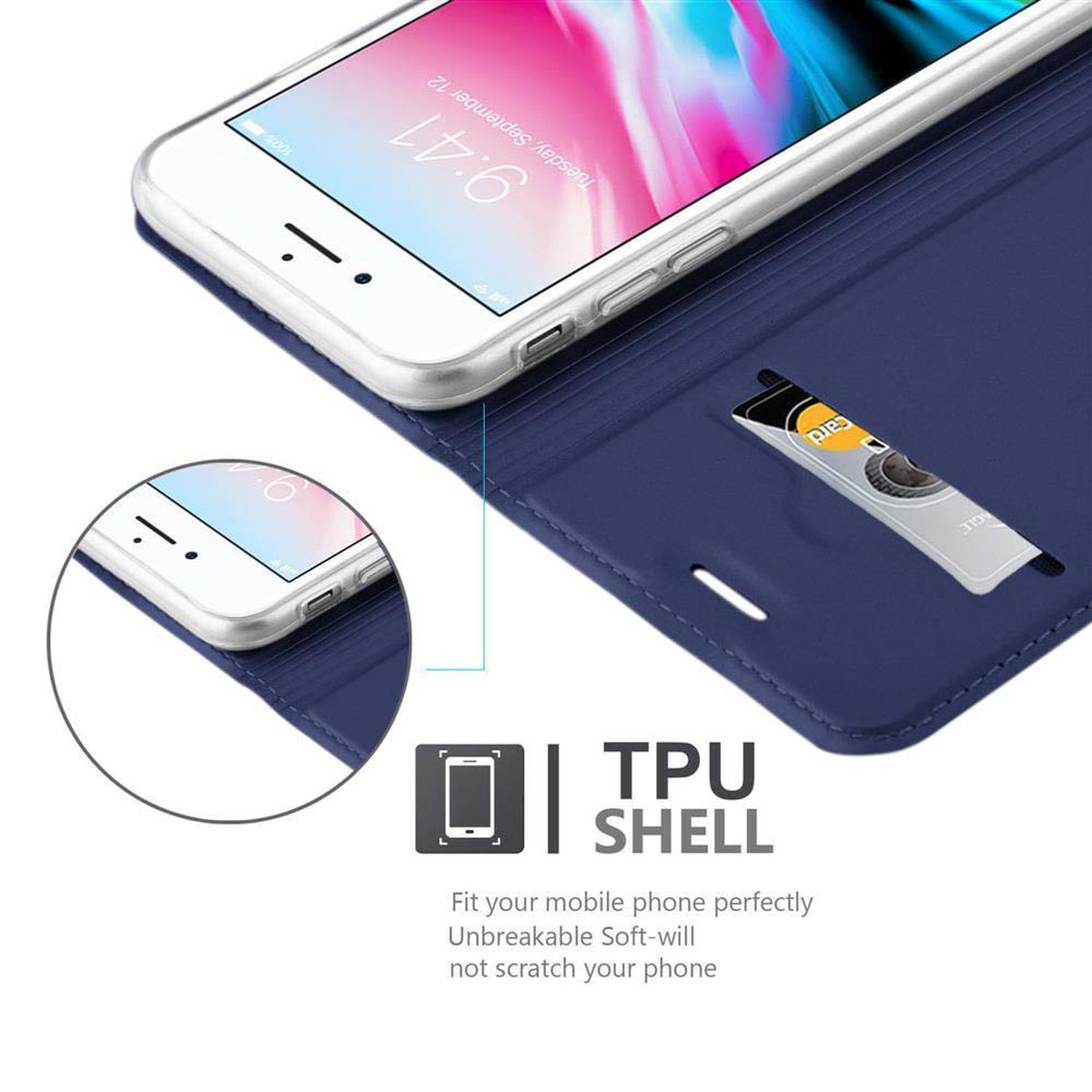 Custodia blu aperta, mostra telefono con schermo bianco. Carta nello slot. Guscio TPU.