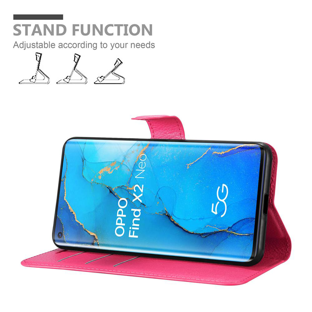 Una custodia rosa per telefono è aperta, mostrando un telefono sollevato. Testo: 'STAND FUNCTION'.