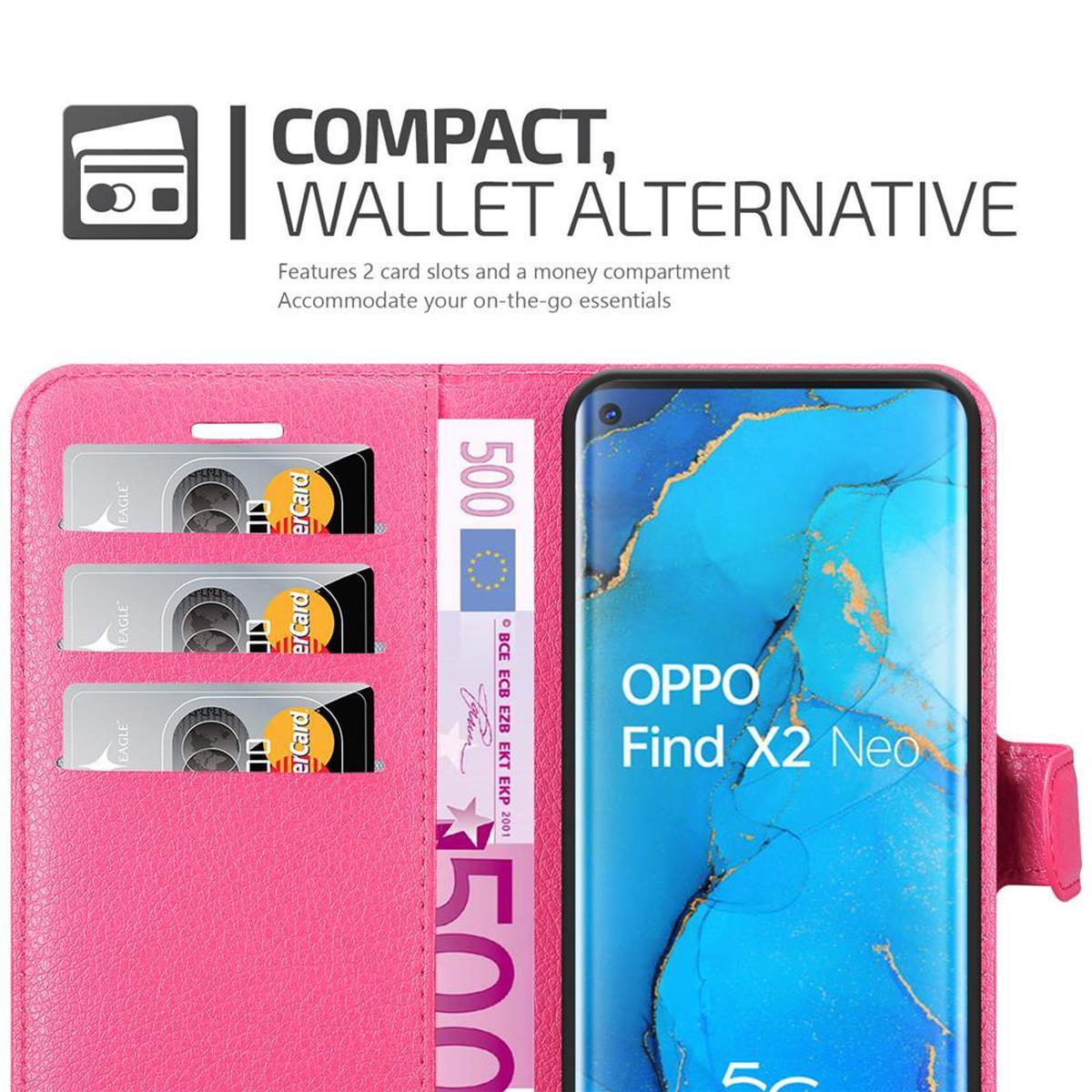 Custodia per telefono rosa con slot per carte e denaro. Il telefono mostra un design blu.