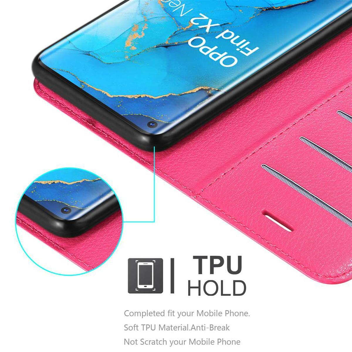 Custodia rosa per telefono aperta, che mostra schermo, TPU HOLD e slot per schede. Il testo indica 'Soft TPU Material'.