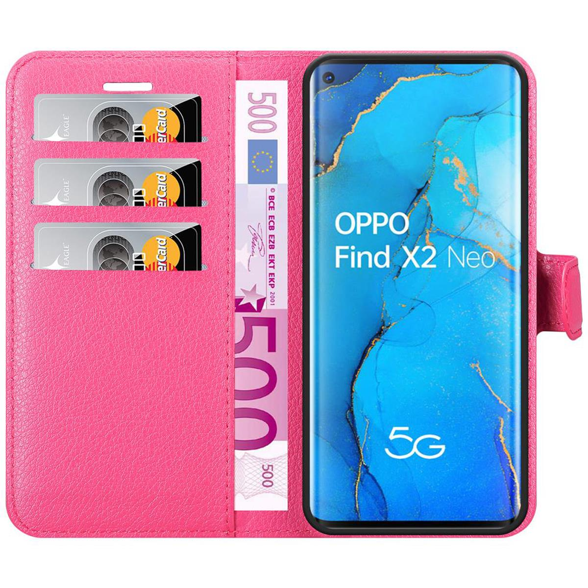 Custodia per telefono rosa aperta, che mostra un telefono con schermo blu. Include slot per carte e scomparto per contanti.