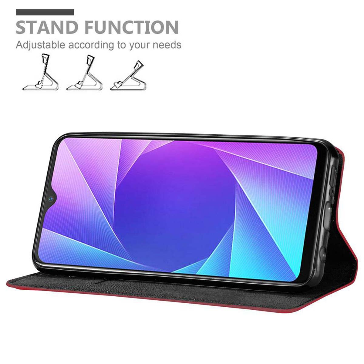 Telefono in custodia appoggiato. Testo: Funzione supporto. Il telefono visualizza un'immagine astratta colorata.