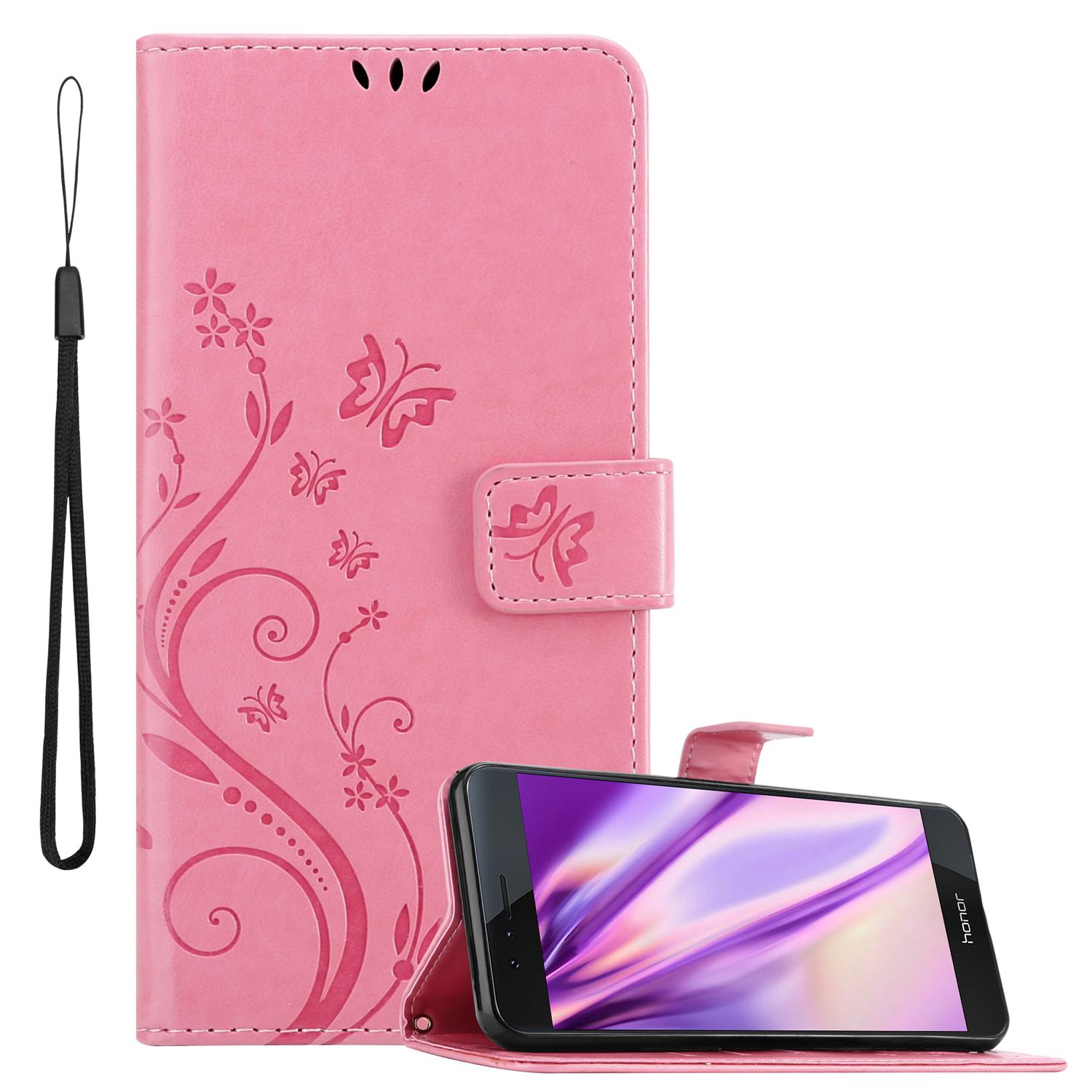 Custodia rosa con telefono e cinturino da polso. La custodia ha un design a farfalla e floreale.