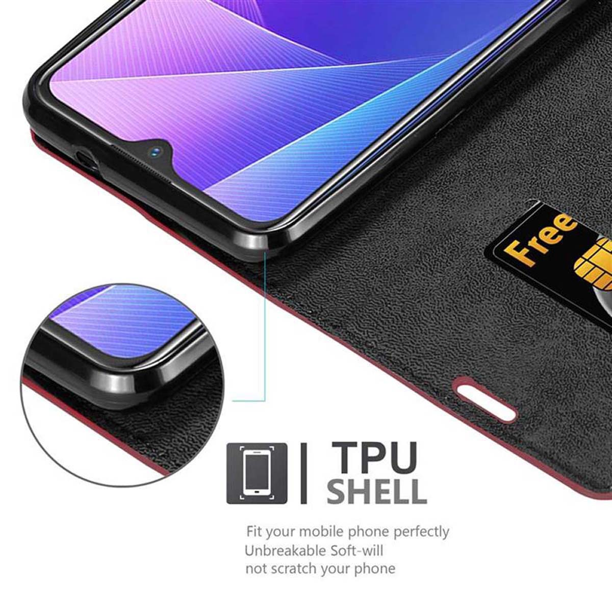 Custodia per telefono con telefono. Nero, bordo rosso. Testo: Guscio TPU. Carta nello slot.