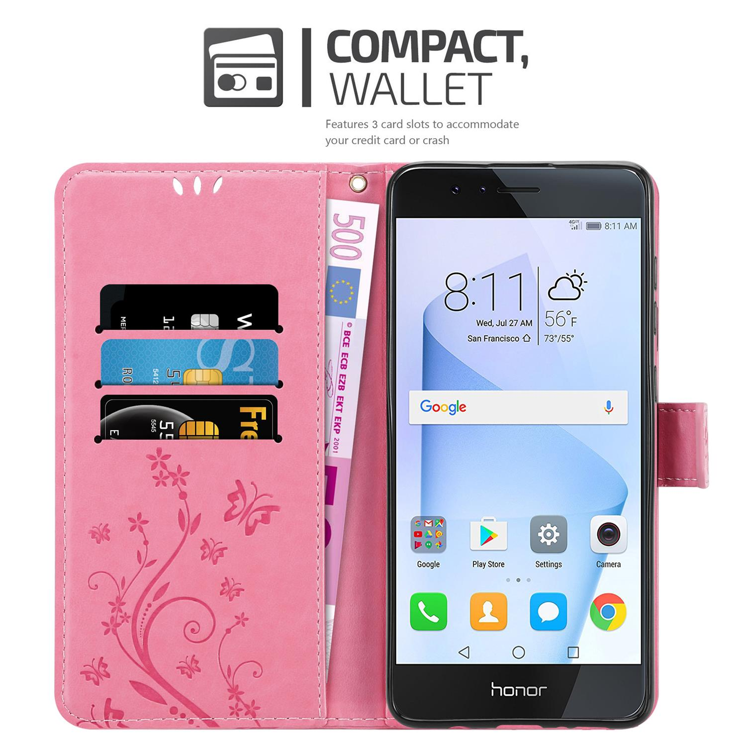 Custodia rosa per telefono con slot per carte e smartphone con interfaccia Google.