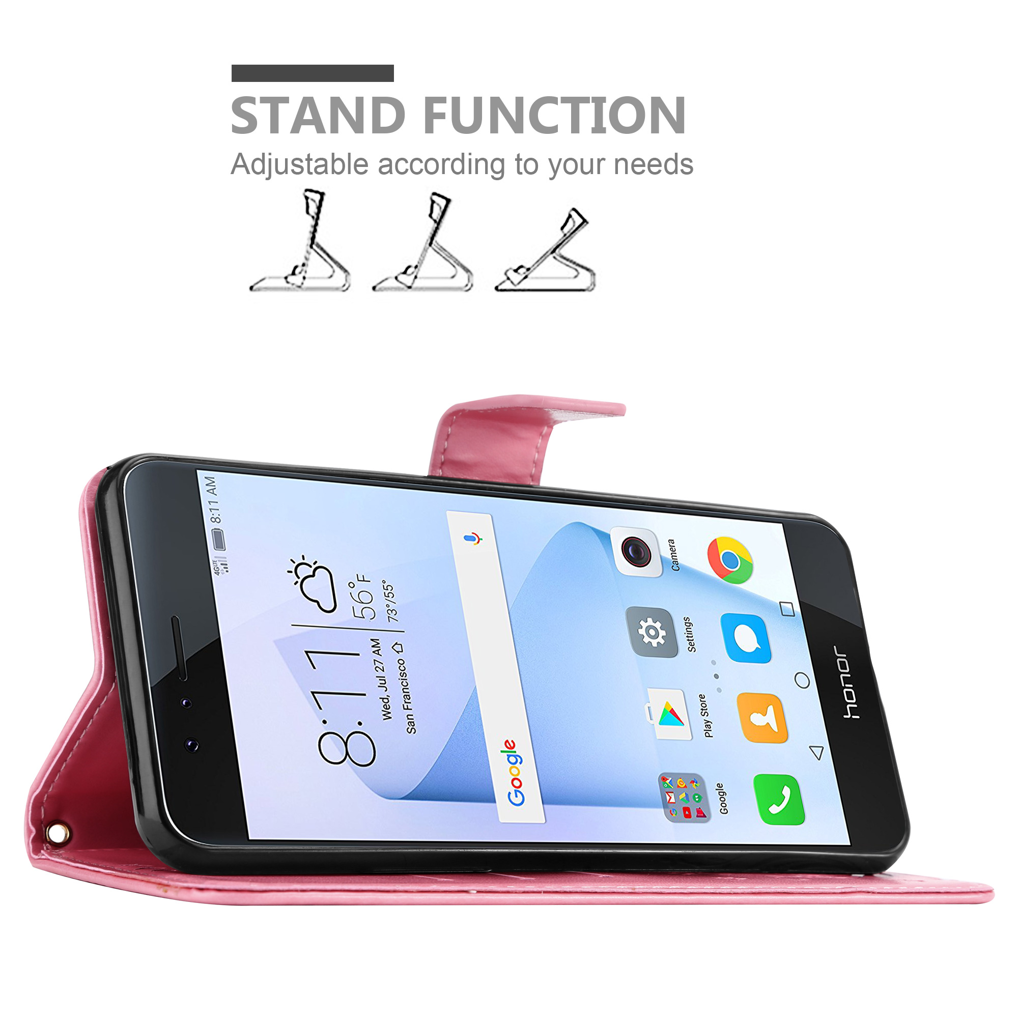 Una custodia per telefono rosa con un telefono all'interno. Lo schermo del telefono mostra una schermata iniziale.