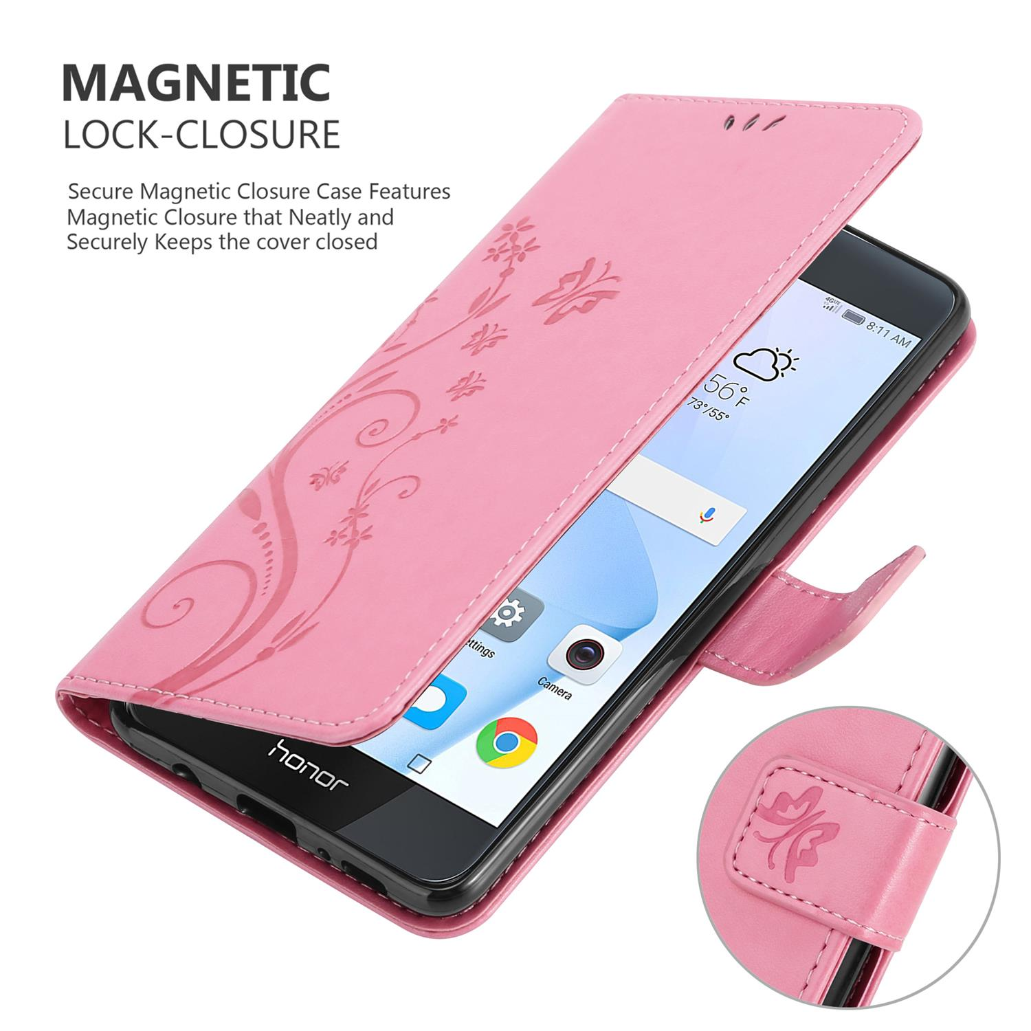 Custodia rosa con design floreale, aperta, che rivela un telefono. Chiusura magnetica.