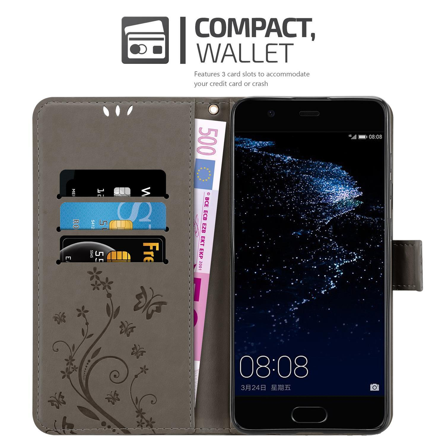 Custodia grigia aperta, con telefono. Carte di credito e denaro visibili. Design floreale.