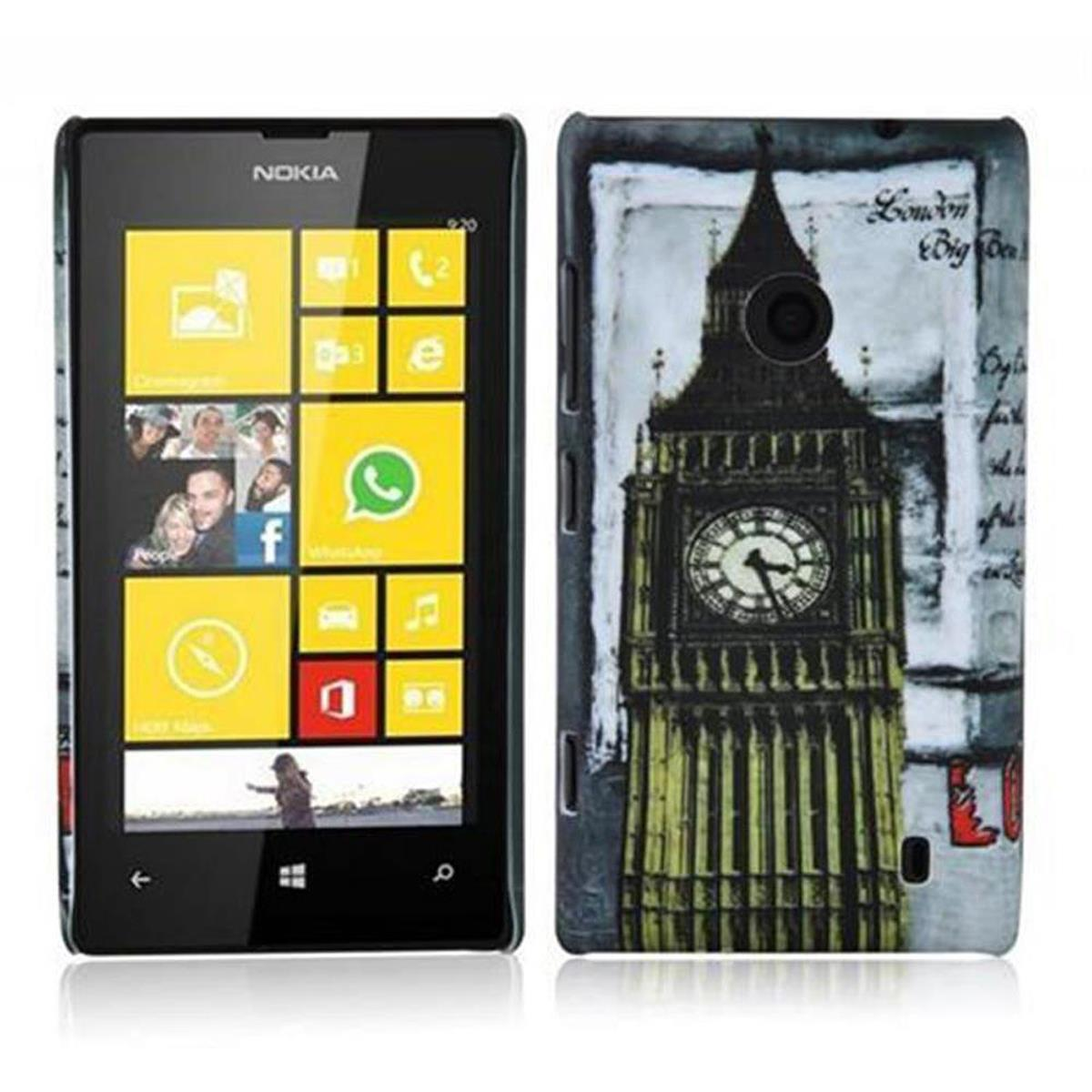 Nokia-Handy in einer Hülle. Eine Seite zeigt Icons, die andere Big Ben. Schwarzes Telefon mit bunten Icons.