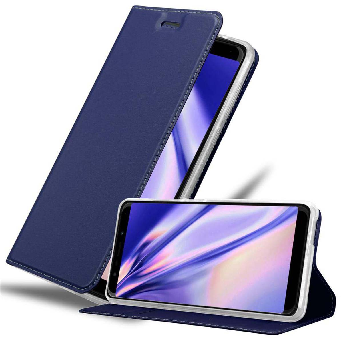 Una funda de teléfono azul con un teléfono dentro. La funda está abierta, mostrando la pantalla. El teléfono tiene un marco blanco.