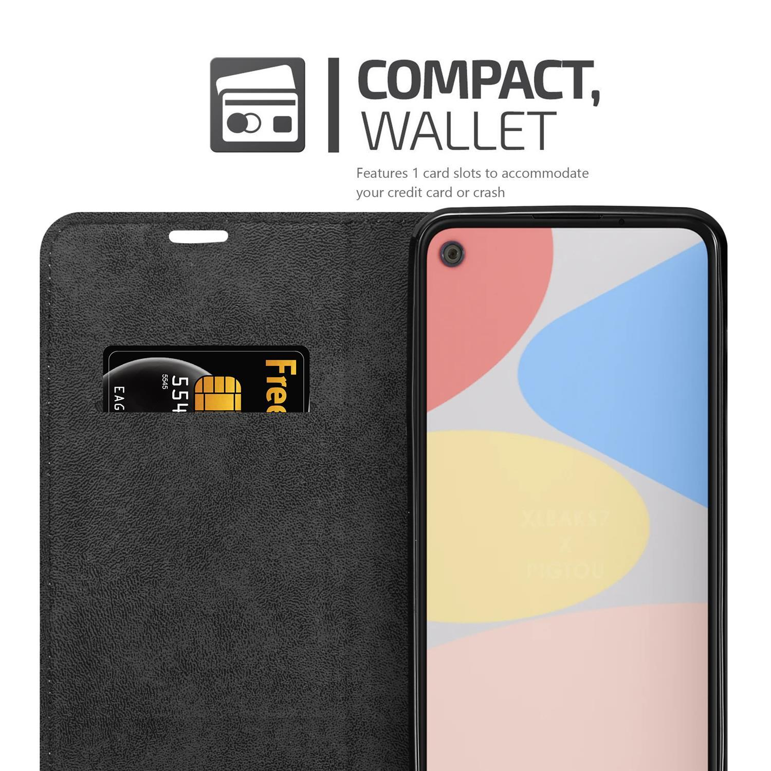 Schwarze Handyhülle mit Telefon, mit Kartenfach. Der Bildschirm zeigt einen bunten Hintergrund.