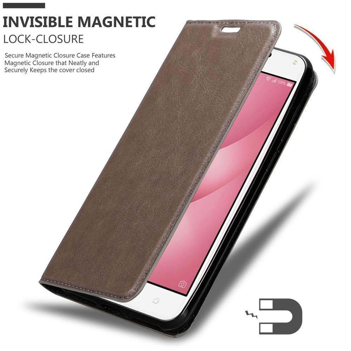 Una custodia marrone per telefono con chiusura magnetica, aperta per mostrare un telefono all'interno. Testo: 'INVISIBLE MAGNETIC LOCK-CLOSURE'.