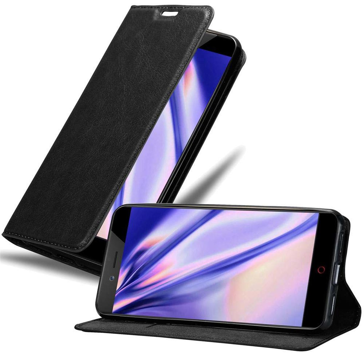 Custodia nera con coperchio aperto, che mostra lo schermo del telefono. Un telefono è in posizione verticale, l'altro è angolato, entrambi neri.