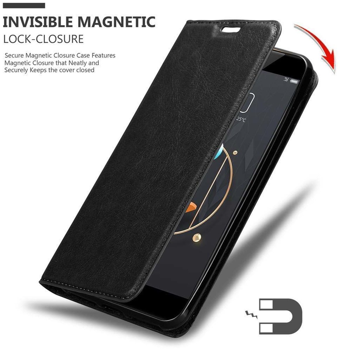 Custodia per telefono nera aperta, mostra il telefono all'interno. Testo: Chiusura magnetica invisibile.