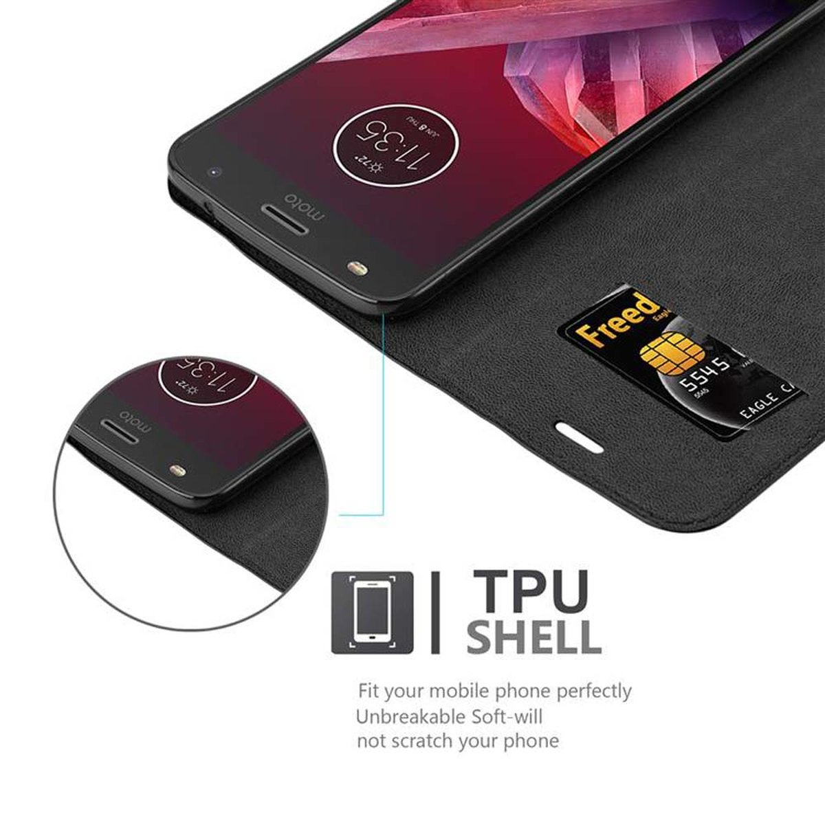 Custodia nera aperta con telefono. Testo 'TPU SHELL' e carta di credito.