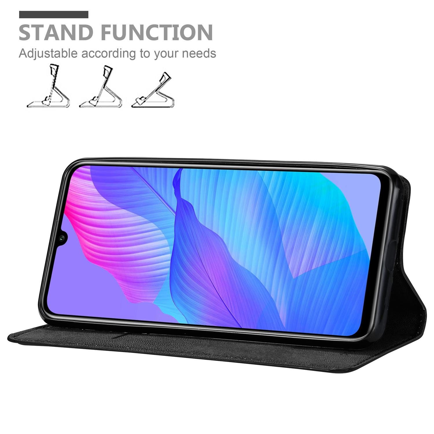 Telefono in custodia con supporto. Schermo mostra immagine colorata. Icone funzione supporto.
