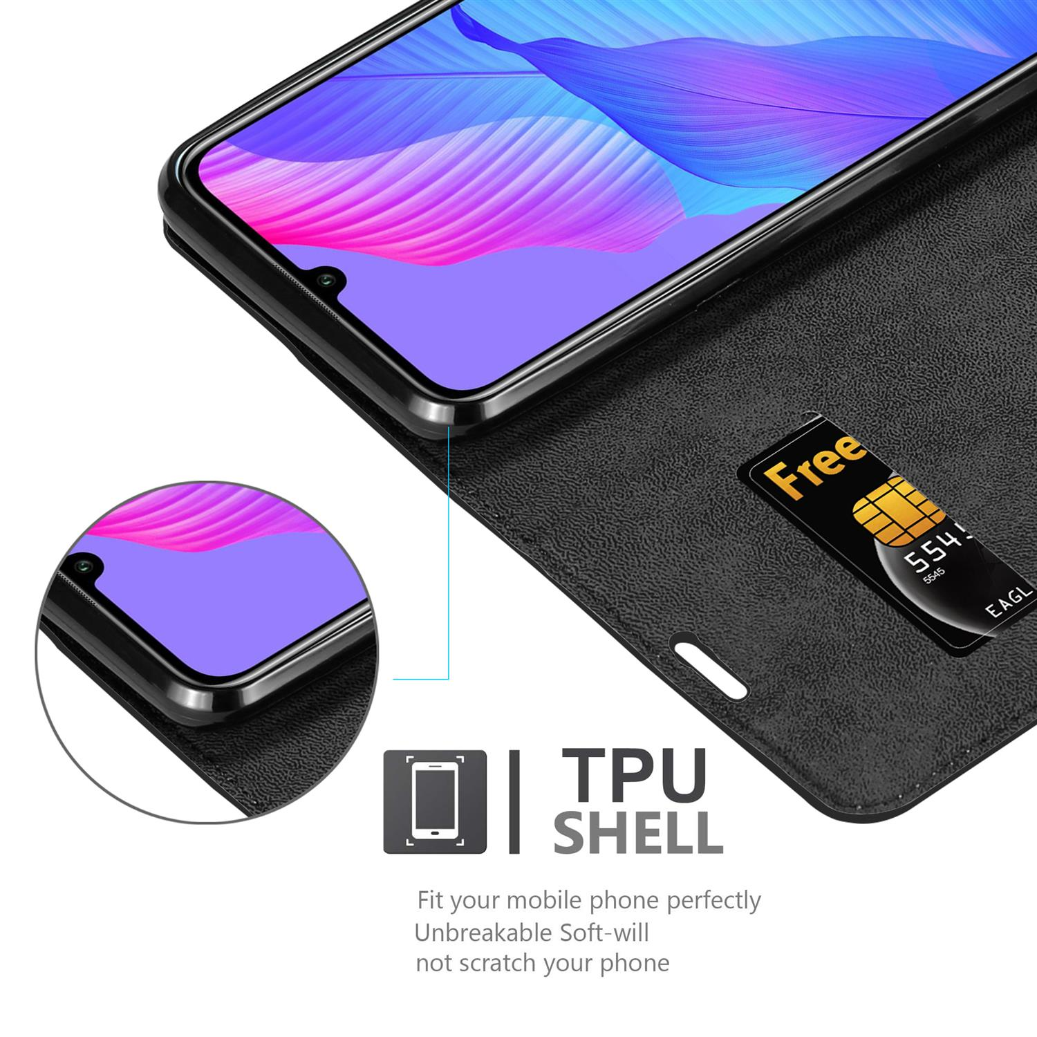 Custodia nera, aperta con carta di credito nello slot. Telefono nero. Etichetta TPU shell.