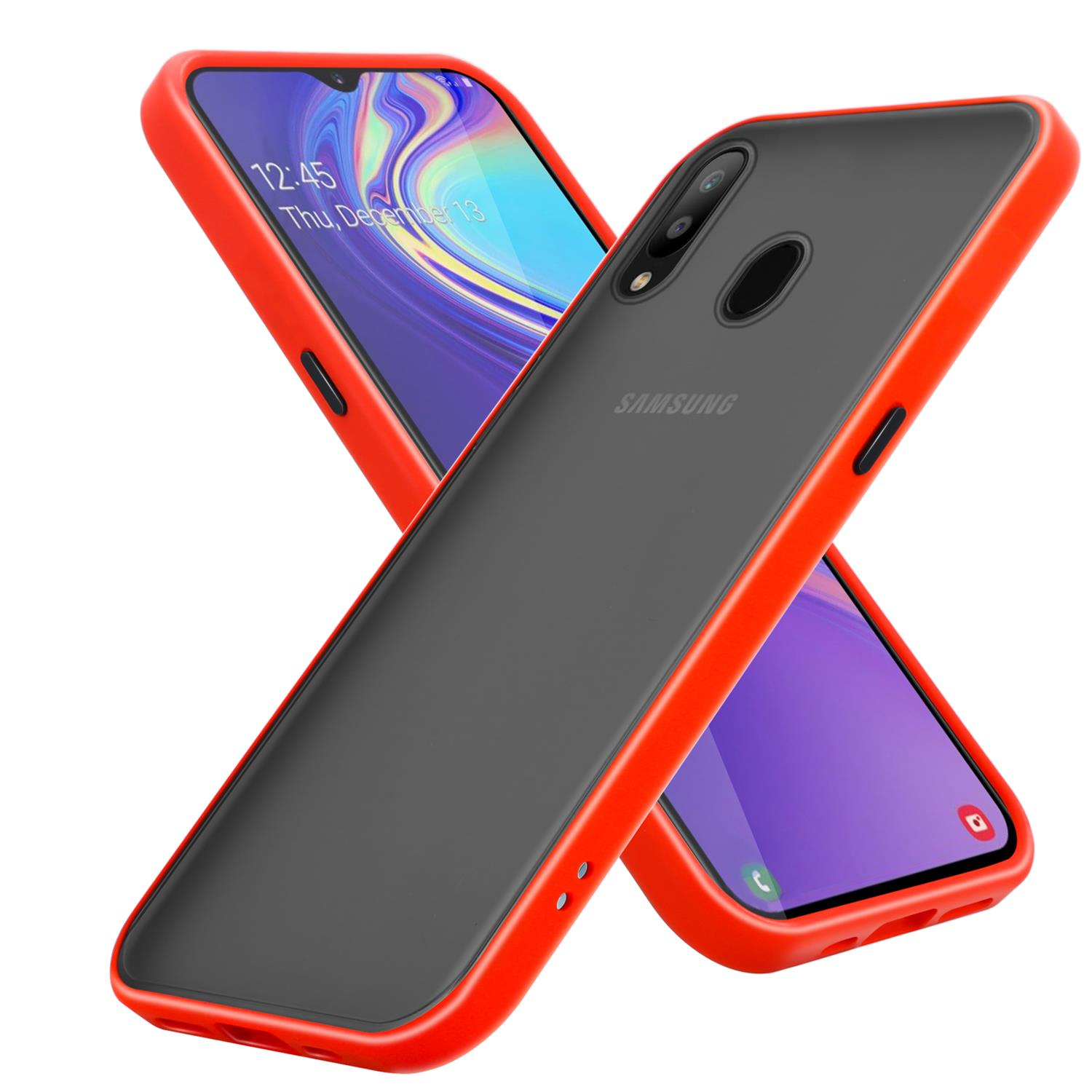 Rot umrandete Handyhüllen, eine offen, eine geschlossen, mit einem Telefon. Die Hüllen sind rot und schwarz.