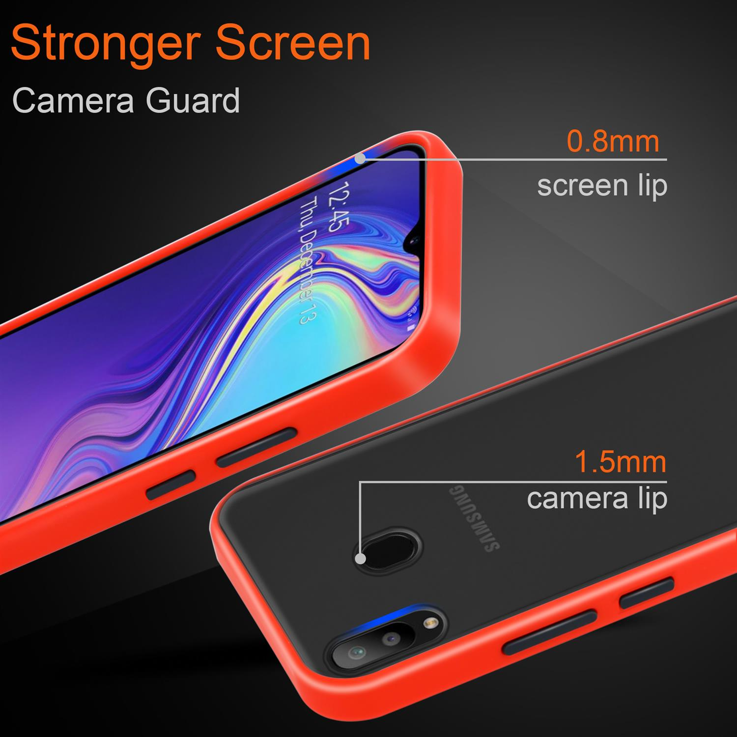 Deux étuis de téléphone ; un orange, un noir, avec du texte. L'étui orange entoure le téléphone, le noir est un dos séparé.