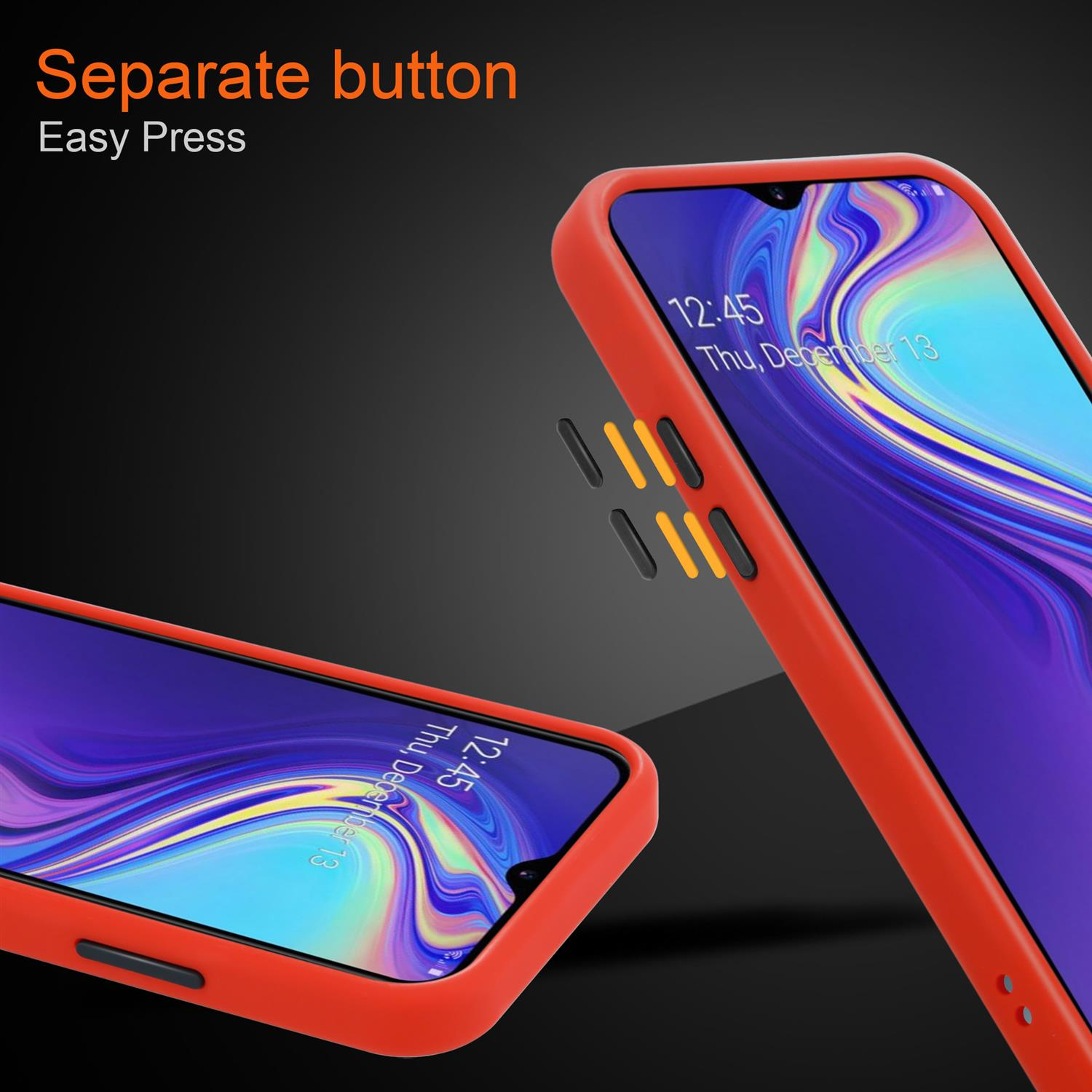 Deux téléphones dans des étuis orange avec un bouton rouge. Le texte dit bouton séparé et montre l'écran du téléphone.