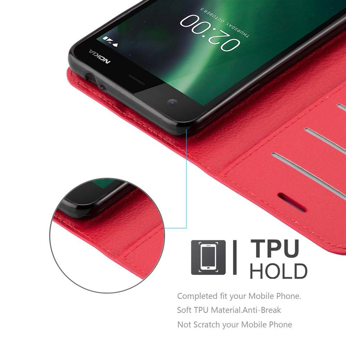 Custodia per telefono rossa aperta, che rivela un telefono nero. Testo TPU HOLD e info prodotto. Il telefono mostra l'ora.