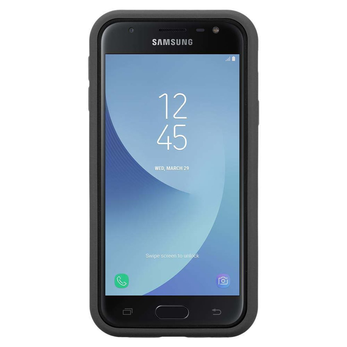 Schwarzes Telefon mit dunkelgrauer Hülle. Der Bildschirm zeigt die Uhrzeit an. Das Samsung-Logo ist sichtbar.