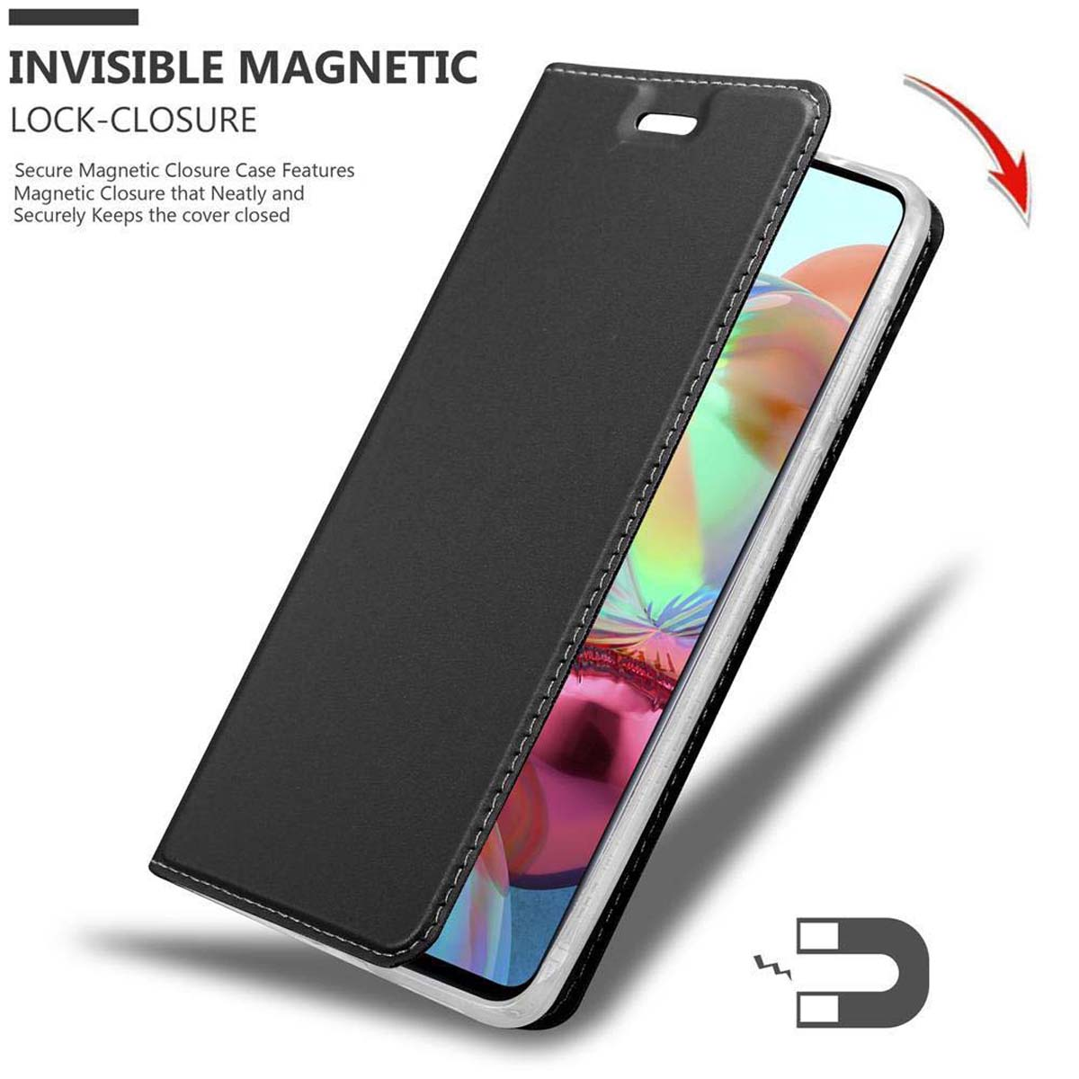 Custodia nera aperta, che rivela un telefono. Icona magnete e freccia. Testo: Chiusura magnetica invisibile.