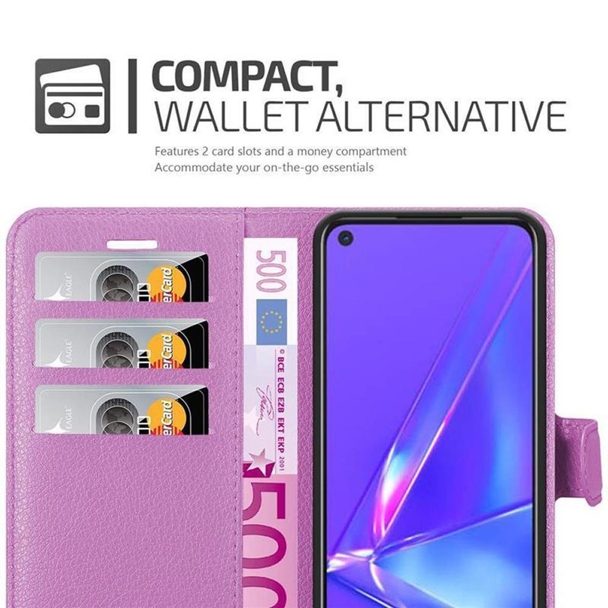 Portafoglio viola per telefono con carte e telefono che mostra uno schermo.