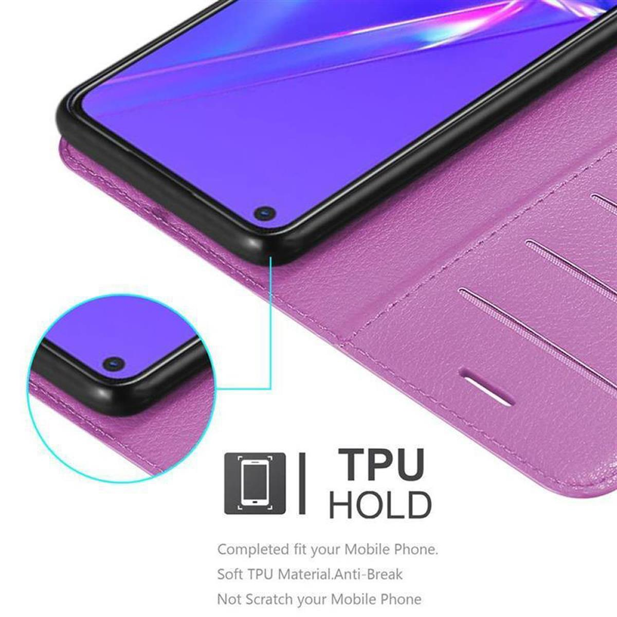 Custodia per telefono viola con telefono all'interno. Lo schermo mostra una grafica viola. TPU HOLD.